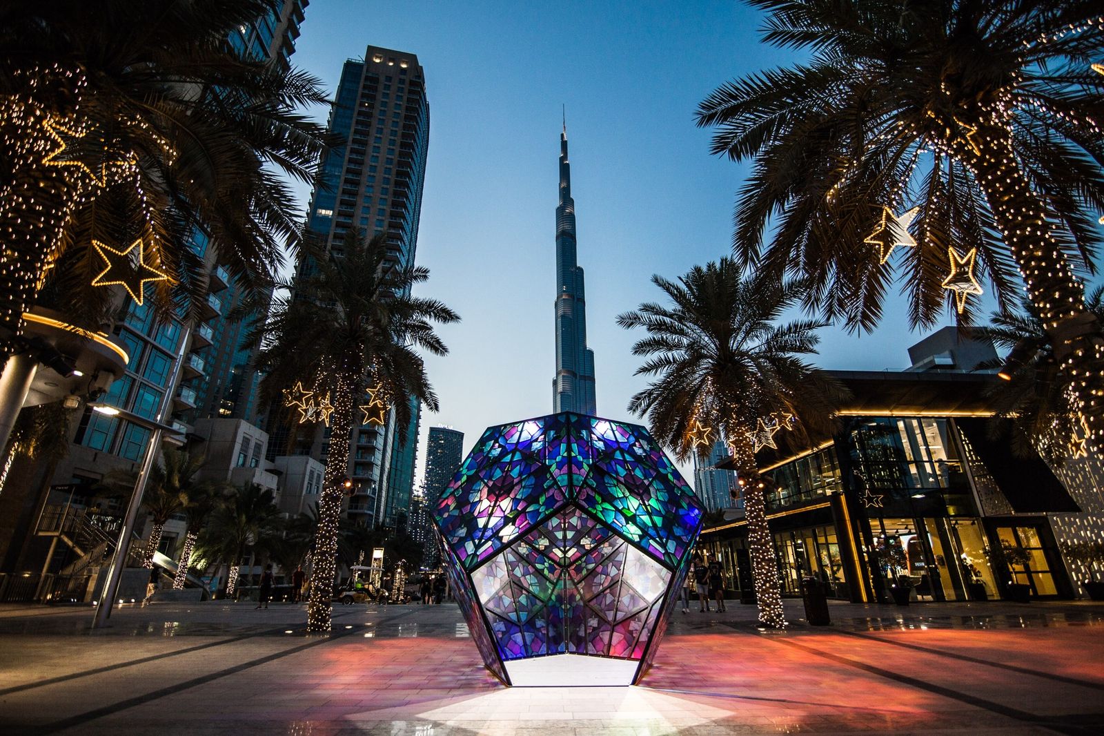 Illuminated Ramadan lantern sculpture installed by Redfox on Emaar Boulevard with the Burj Khalifa behind