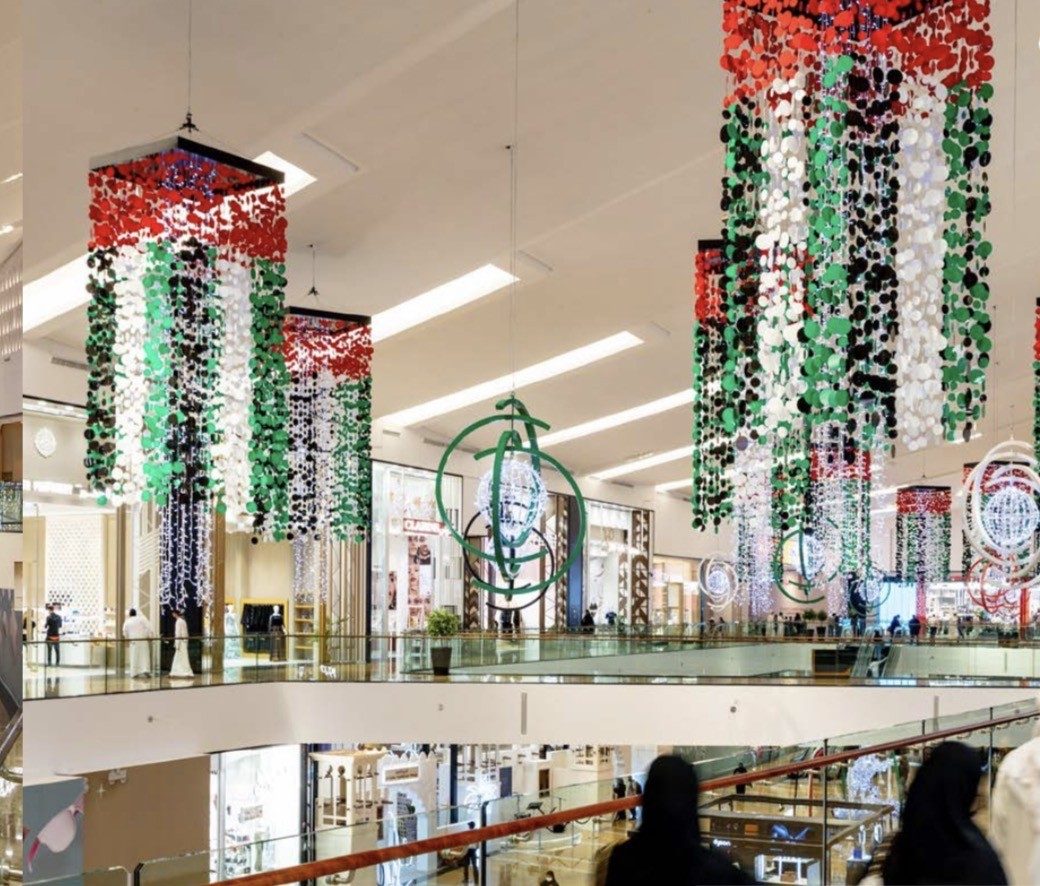 UAE National Day installation suspended in a Dubai mall atrium