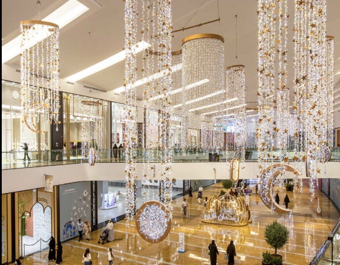 Ramadan installation with suspended lighting elements in a Dubai mall