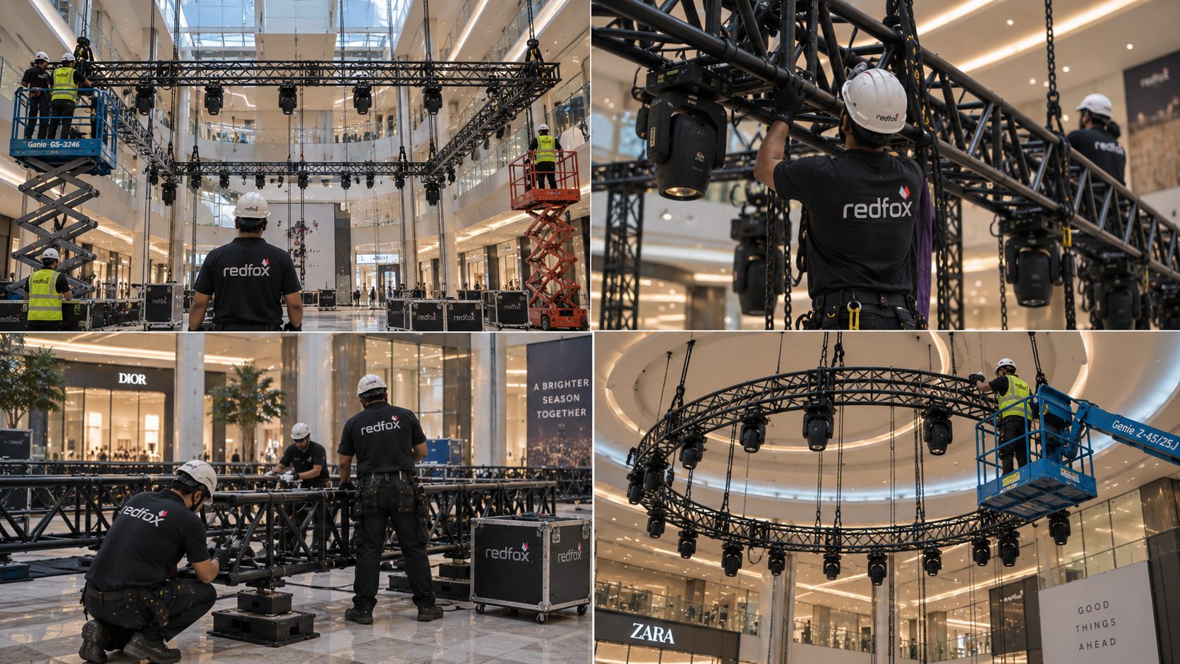 Redfox crews installing truss, rigging and moving lights in a mall atrium