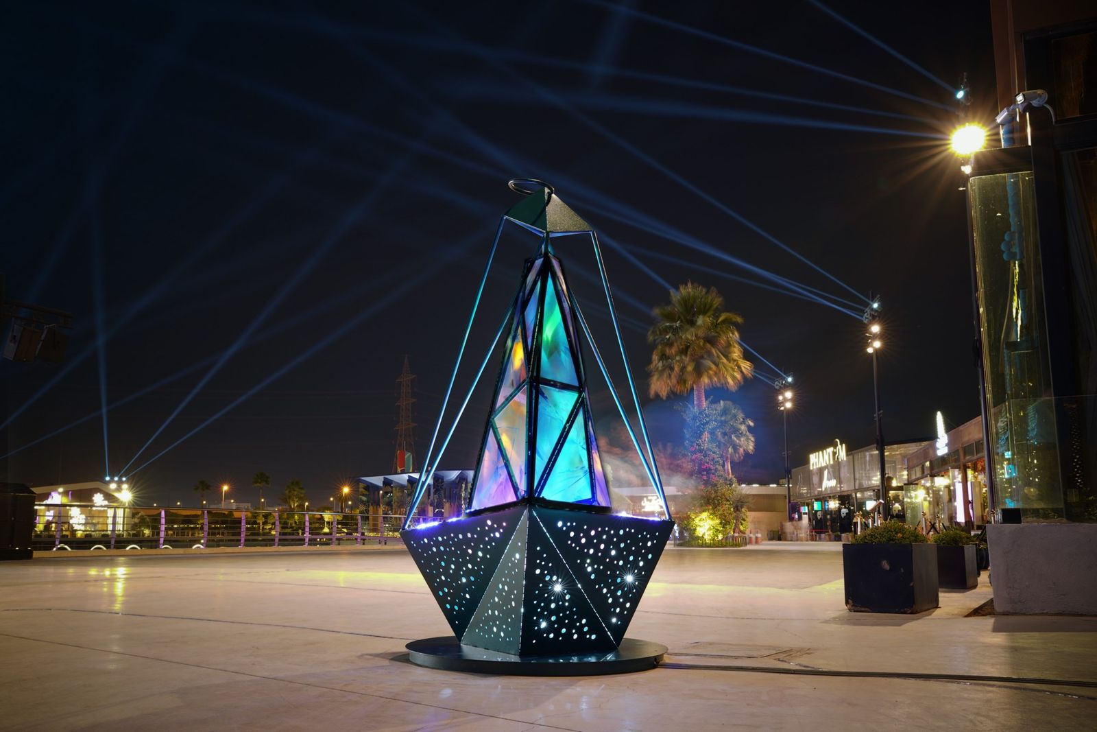 Large illuminated Ramadan lantern installed by Redfox at Boulevard City, Riyadh, at night
