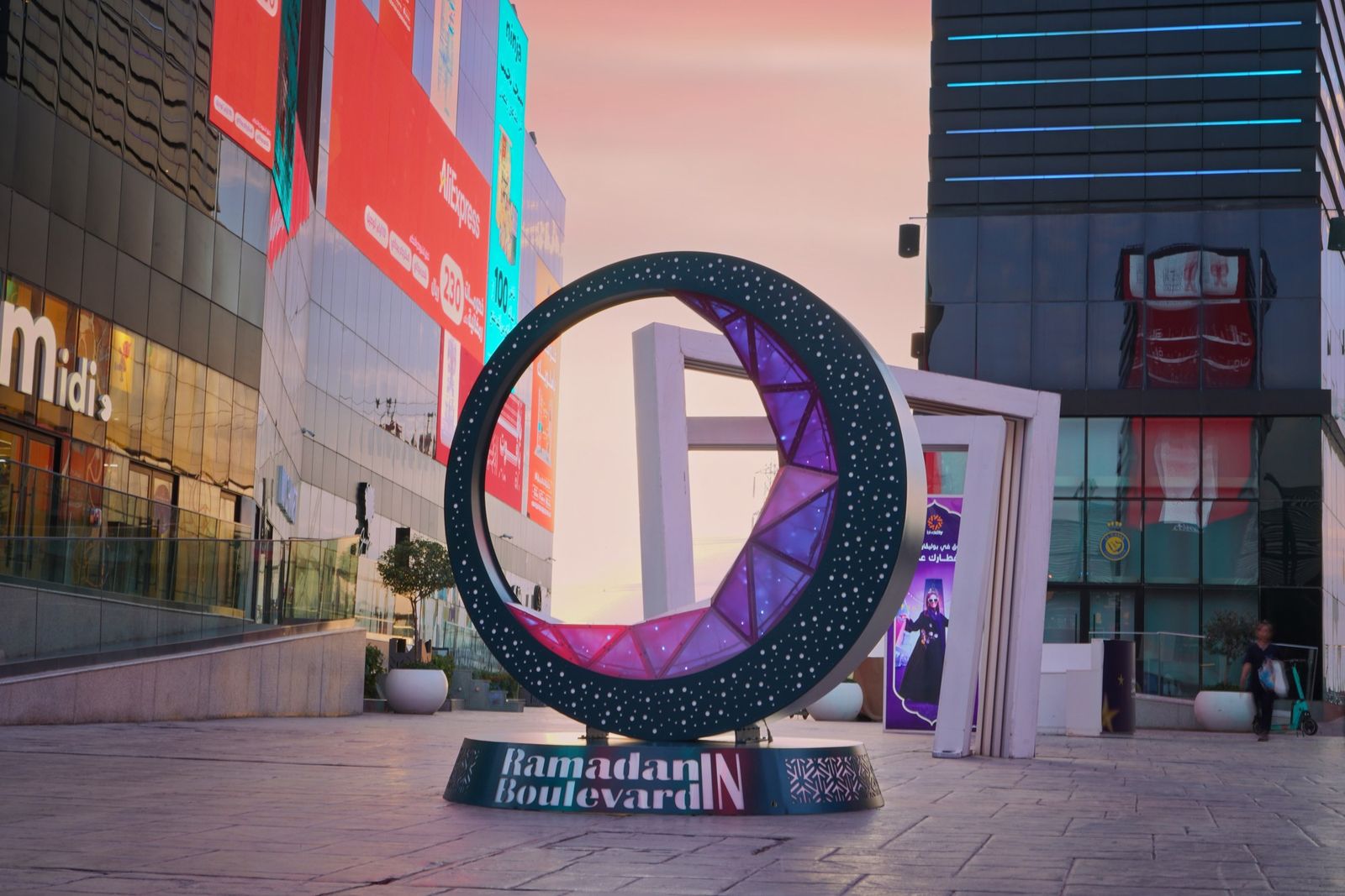 Illuminated crescent moon gate installed by Redfox at Boulevard City, Riyadh