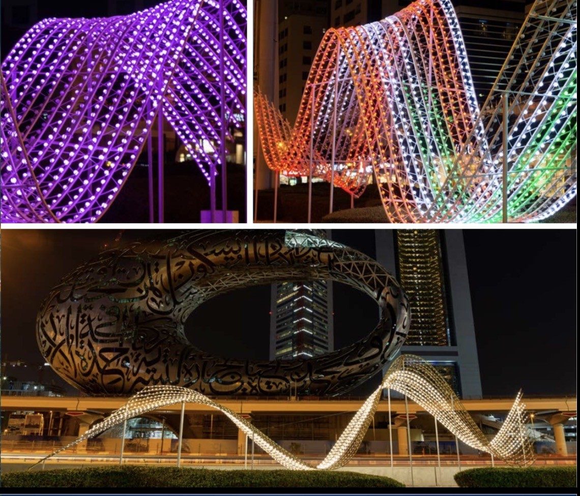 Illuminated sculptural lighting structures at night