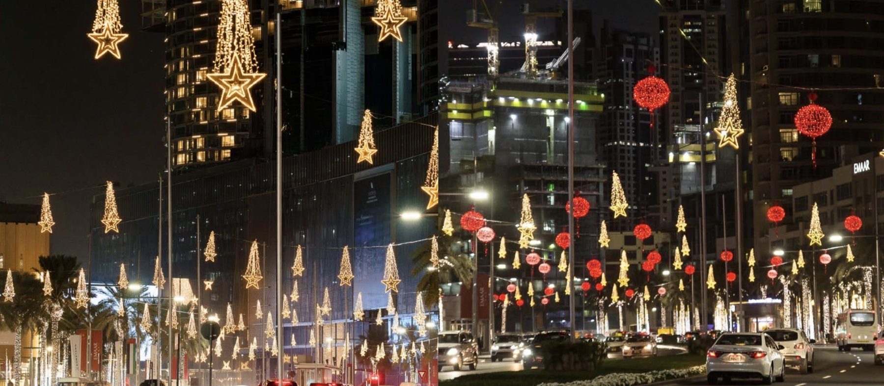 Seasonal street lighting along a Dubai boulevard